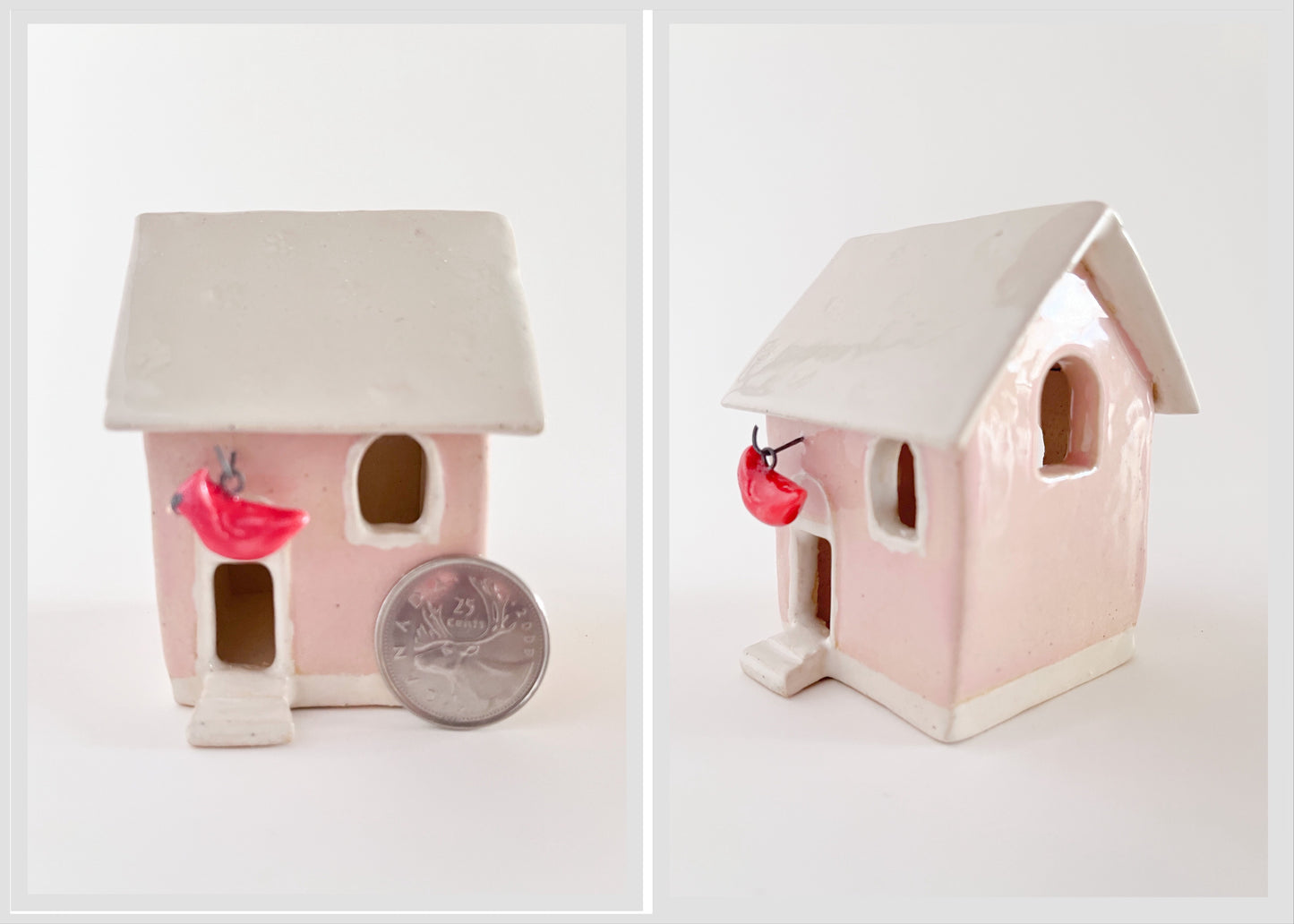 Mini Pink Holiday House (cardinal ornament)