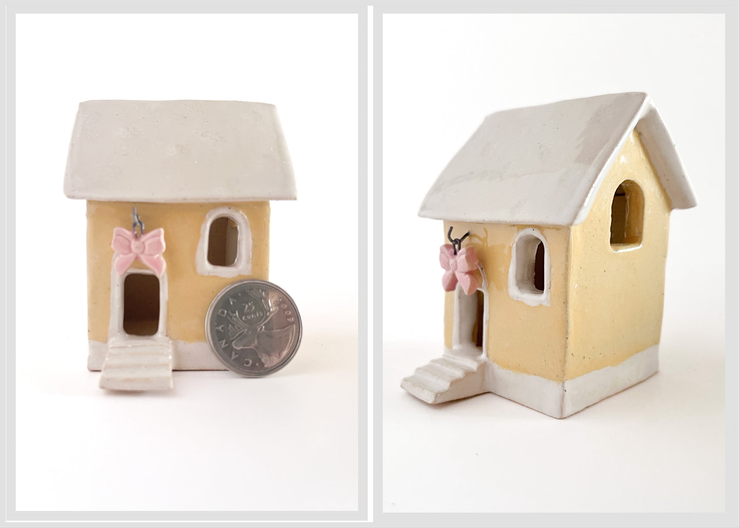 Mini Yellow Holiday House (pink bow)
