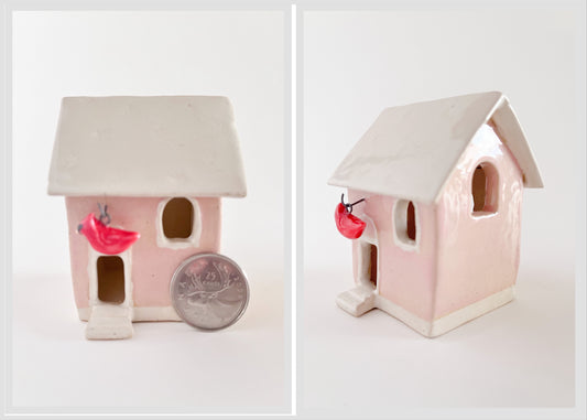 Mini Pink Holiday House (cardinal ornament)